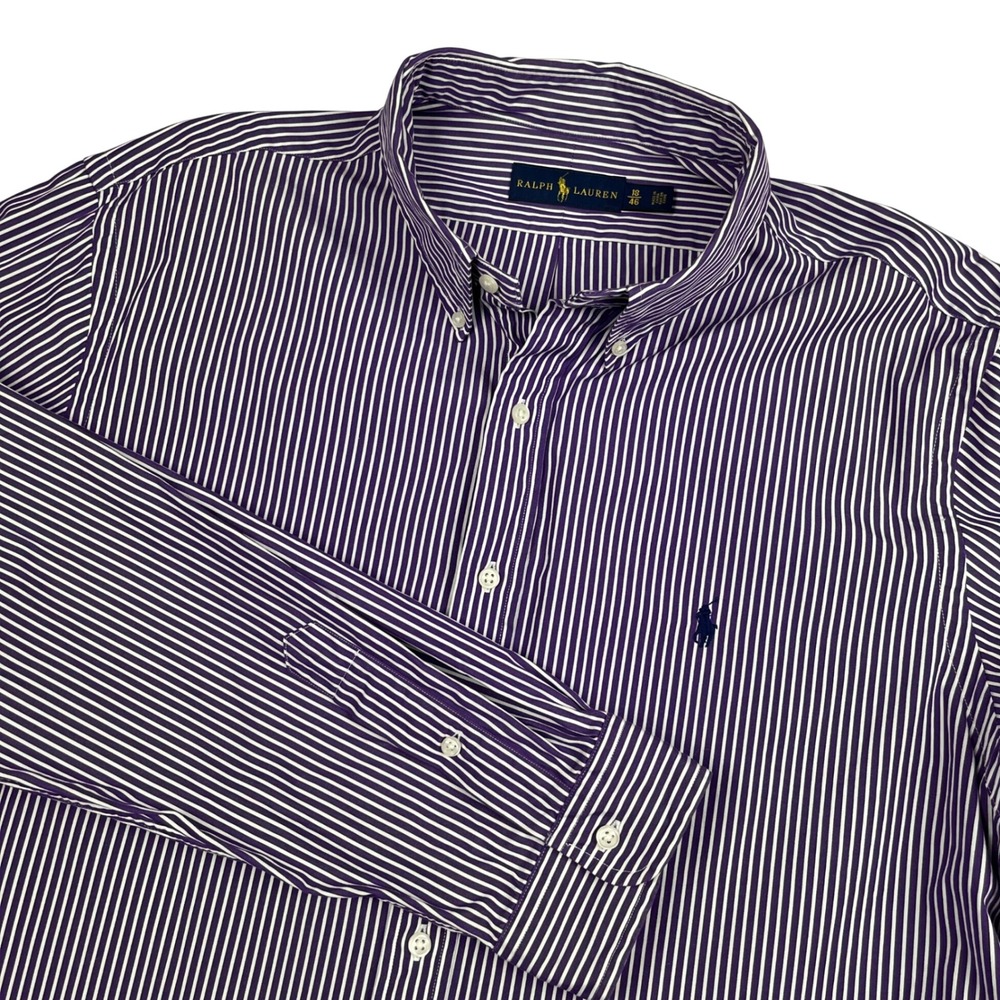 Ralph Lauren EUC Button Down Shirt Men's 18/46 Purple White‎ Striped Long Sleeve